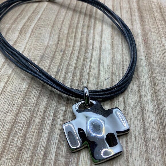 Nine West Cross Silver Tone Multi Strands Leather Necklace - Picture 1 of 6